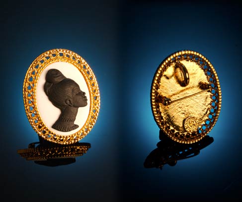 Front and back view of Black Cameo® pin/pendants